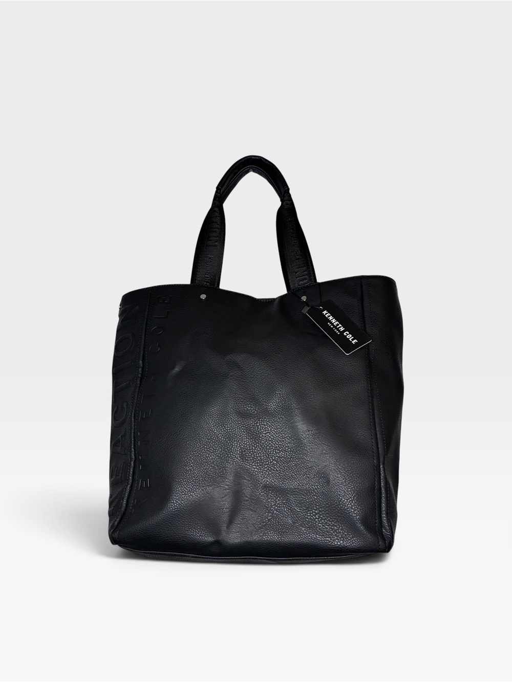 Kenneth Cole Black Lined Pebbled Faux Leather Tote with Embossed Logo